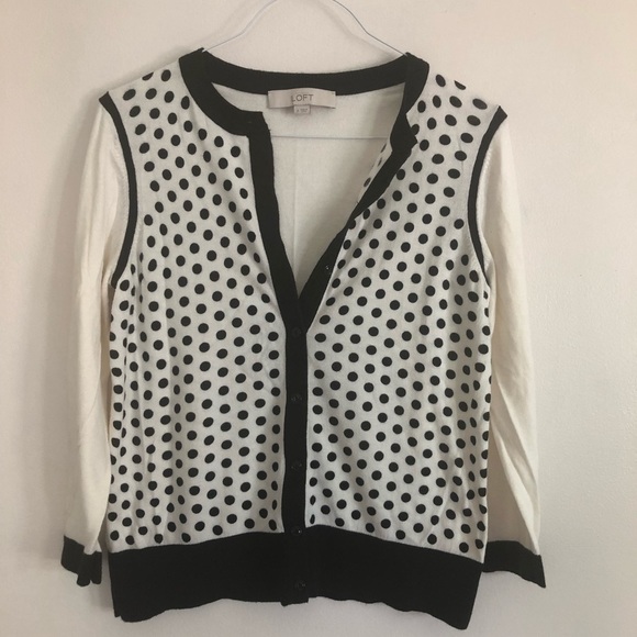 Loft Black & White Polka Dot Cardigan Sweater Pima Cotton Size Small - Picture 1 of 4